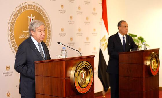 الأمين العام للأمم المتحدة أنطونيو غوتيريش (يسار) في مؤتمر صحفي مشترك مع وزير الخارجية المصري بدر عبد العاطي.